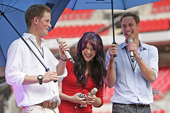 HRH prince William and prince Harry together with Joss Stone at the pre Diana Concert at the Wembley stadium in London